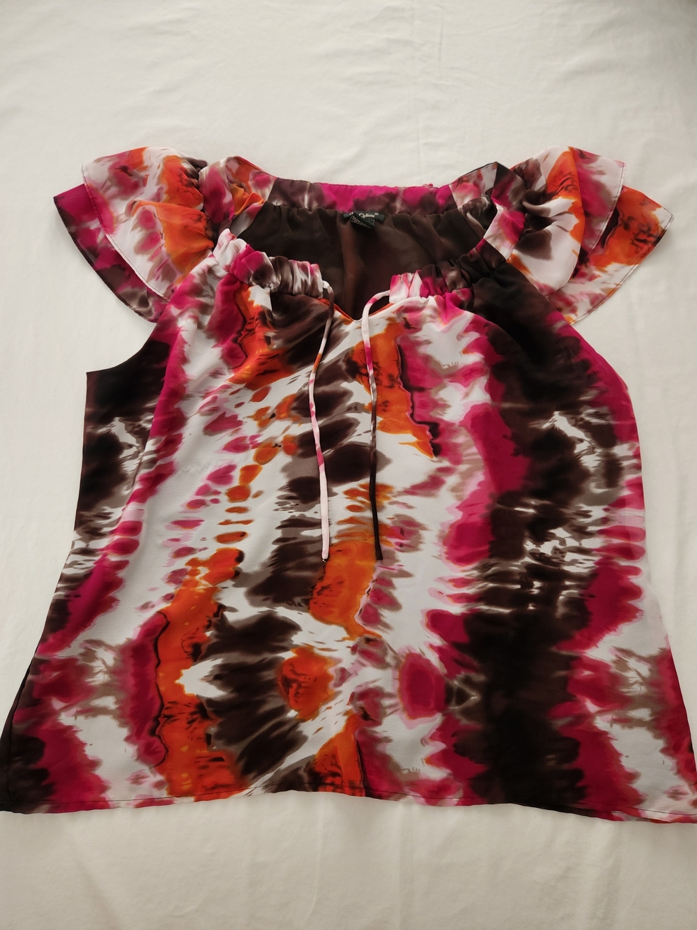 Nue Options Women’s XL Abstract Tie Dye Ruffle Sleeve Blouse Pink Orange Brown